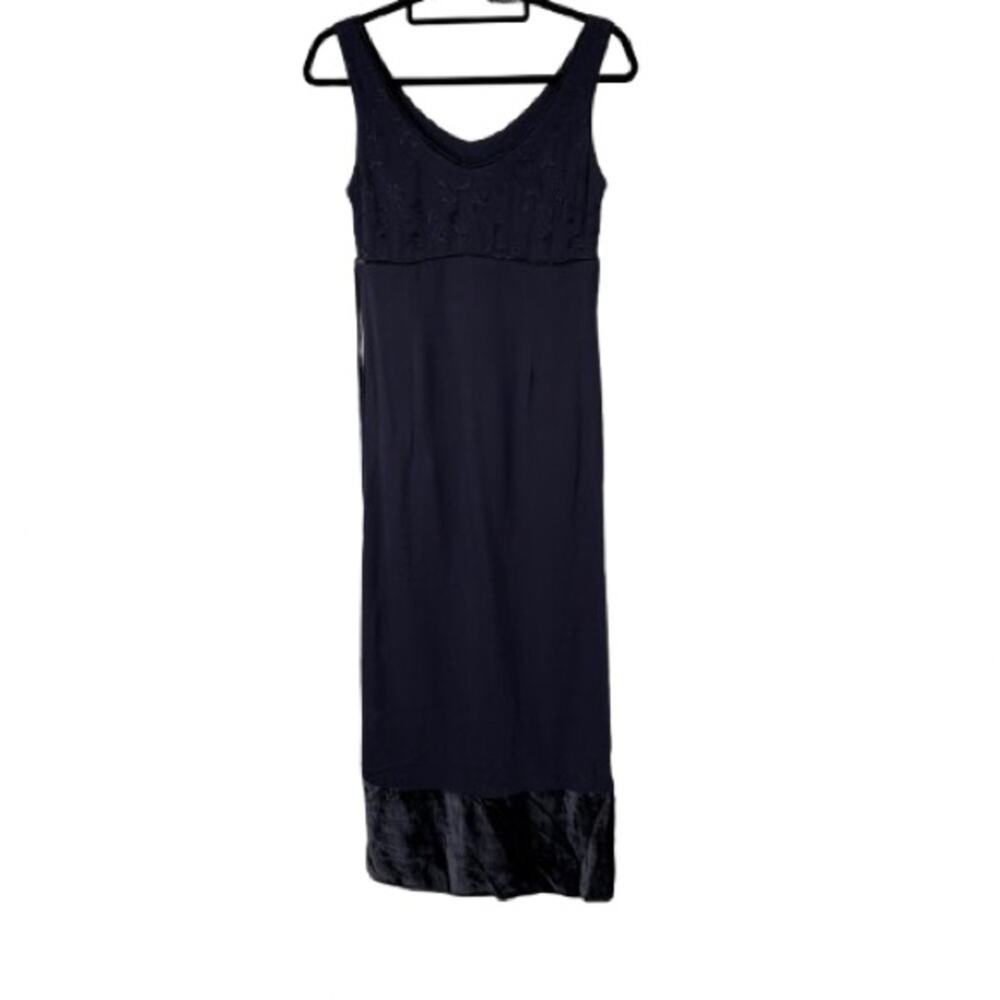 Johnny Was Y2K Navy Blue Floral Embroidered Velvet Rayon Dress Semi Formal XS